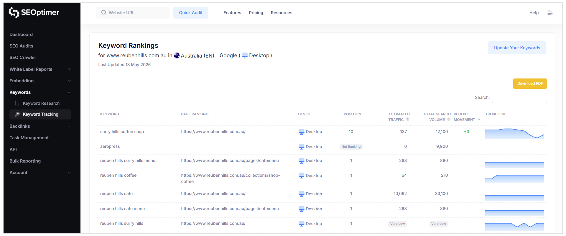SEOptimer keyword tracking